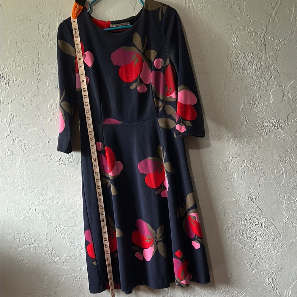 Boden Blue and Red Fit and Flare Dress 3/4 Sleeve Crew Neck